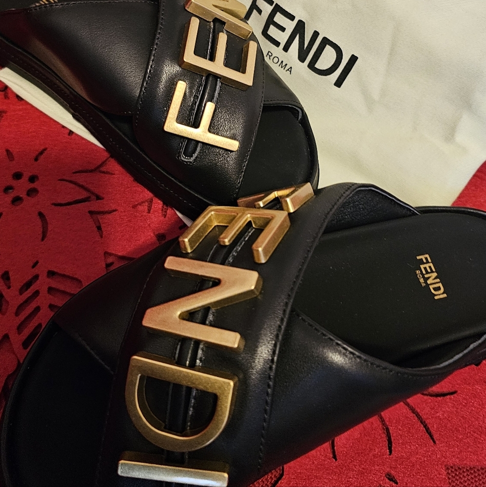 Fendi Black Sandals with Bold Gold Lettering NEW-never Worn
